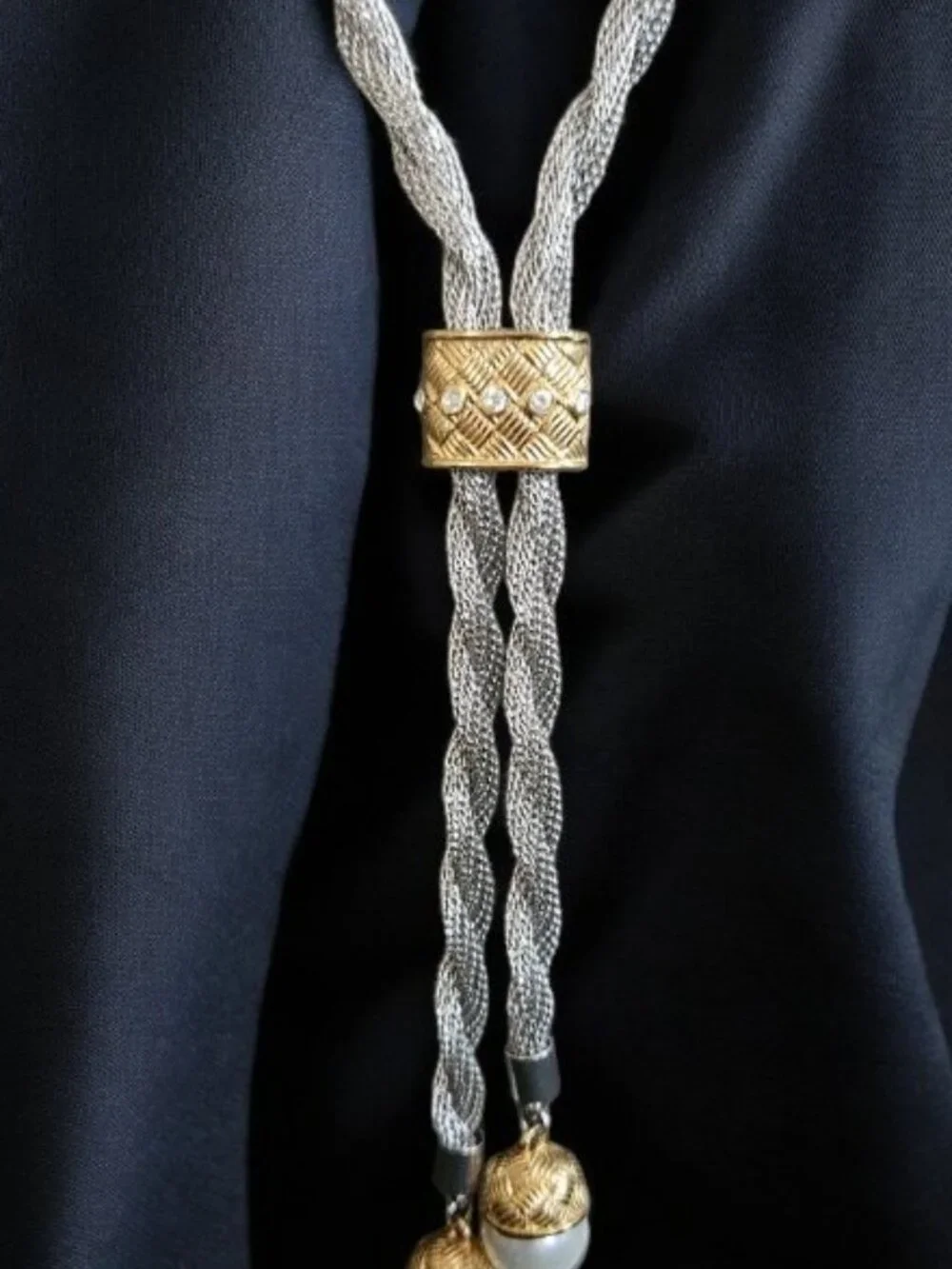 Silvertone Twisted Rope with Gold and Rhinestone Accents Lariat Necklace